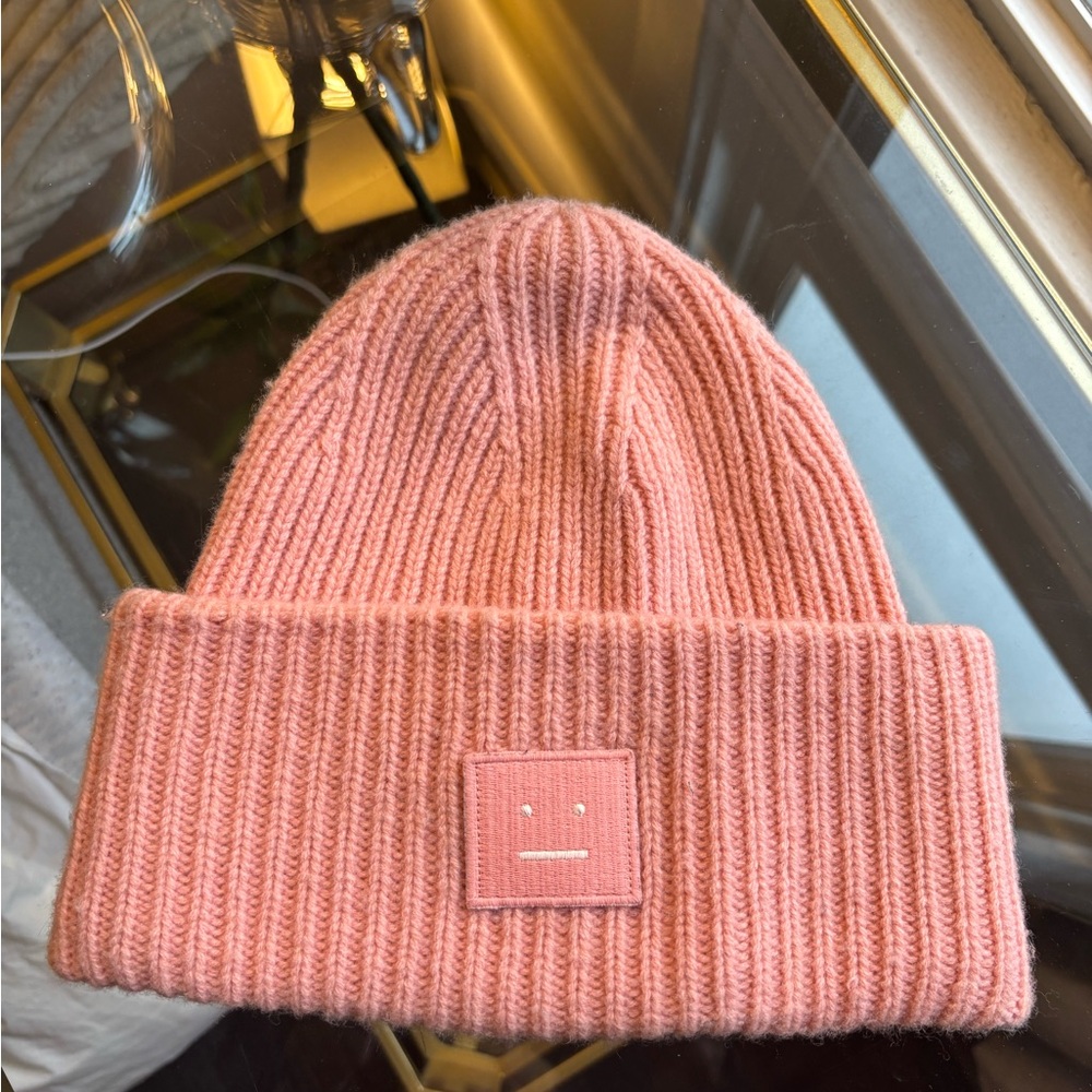 Acne Studios Pansy Hat Beanie Cap Dusty Pink Logo Face Wool Blend Knit Gorpcore